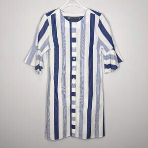Alton Gray Blue and White Striped Flared Sleeve Cotton Shirt Dress Size 6